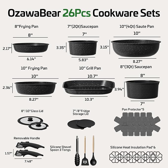 26 Pcs Pots and Pans Set Non Stick, Ceramic Cookware Set Non Toxic with Detachable Handles, Healthy Induction Cookware Oven Safe RV Kitchen Set, PFAS PFOA & PTFE Free, Black