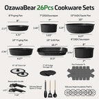 26 Pcs Pots and Pans Set Non Stick, Ceramic Cookware Set Non Toxic with Detachable Handles, Healthy Induction Cookware Oven Safe RV Kitchen Set, PFAS PFOA & PTFE Free, Black