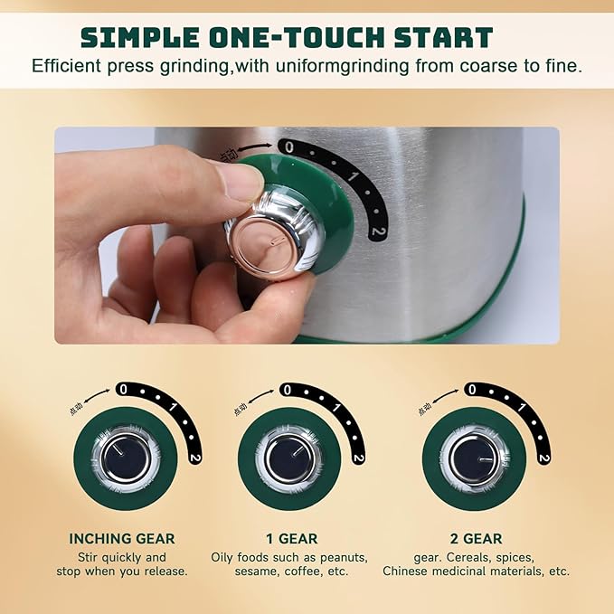 Electric Spice and Nut Grinders - 3 Stainless Steel Blades, 1 Filter, 1 Brush - 500W Grinder for Kitchen Dry Use (Green）