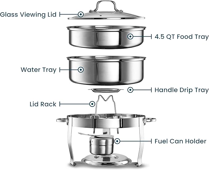 Chafing Dish for Buffet Set, by Kook, Catering Food Warmers, Round Dishes, Warmer Tray, Stainless Steel with Glass Cover and Holder, for Parties, Dinners, 4.5 Qt