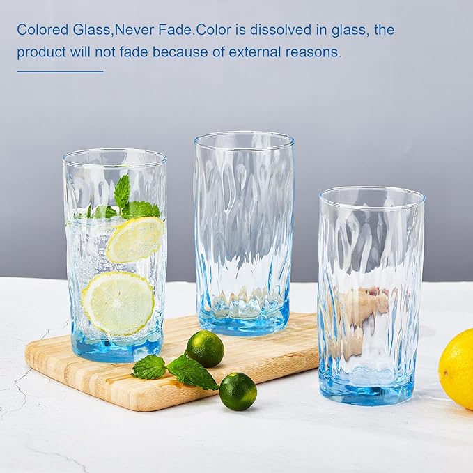 REATIVELAND Solid Color Drinking Glasses Set of 6, 13.5 OZ Wind-blown Ripples Glass Tumbler Glassware for Water, Juice, Different Options for Home, Restaurant, Hotel, Bar, Blue