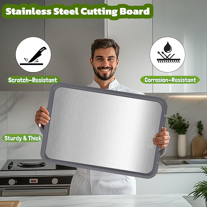 Titanium Cutting Board for Kitchen Large Cutting Boards Double-Sided Cutting Boards with Handle and Stand Stainless Steel Cutting Board and PP Chopping Board for Cutting Meats &Vegetables