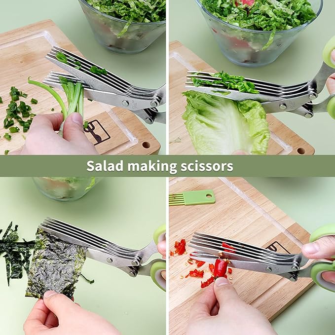 Herb Scissors Set,Multipurpose 5 Blade Kitchen Herb Cutter with Safety Cover and Cleaning Comb for Cutting Shredded Lettuce, Cilantro Fresh, Green Onion Fresh and etc.