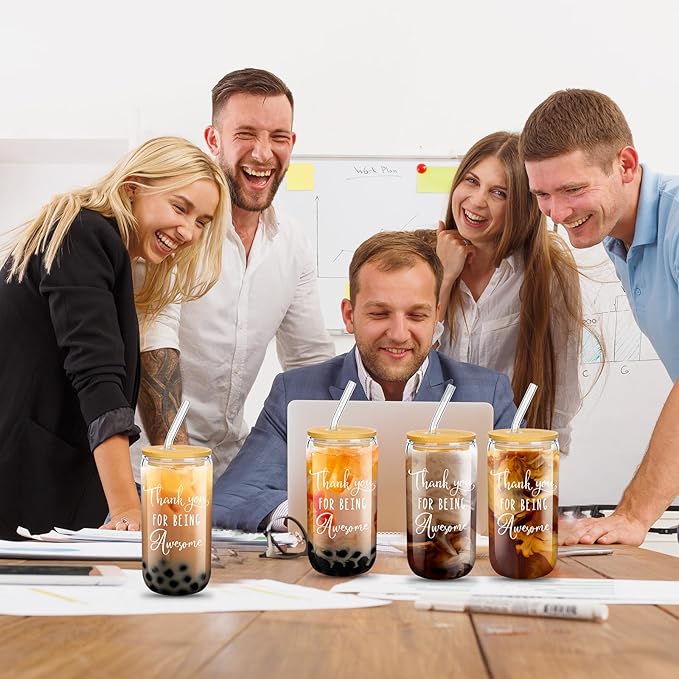 Layhit 24 Set Bulk Thank You Team Gifts Cups for Employees Staff Coworker Christmas Appreciation Gifts Thank You Glass Cups 16 oz Can Shaped Beer Glass with Lids Straws Brushes(Cute Style)