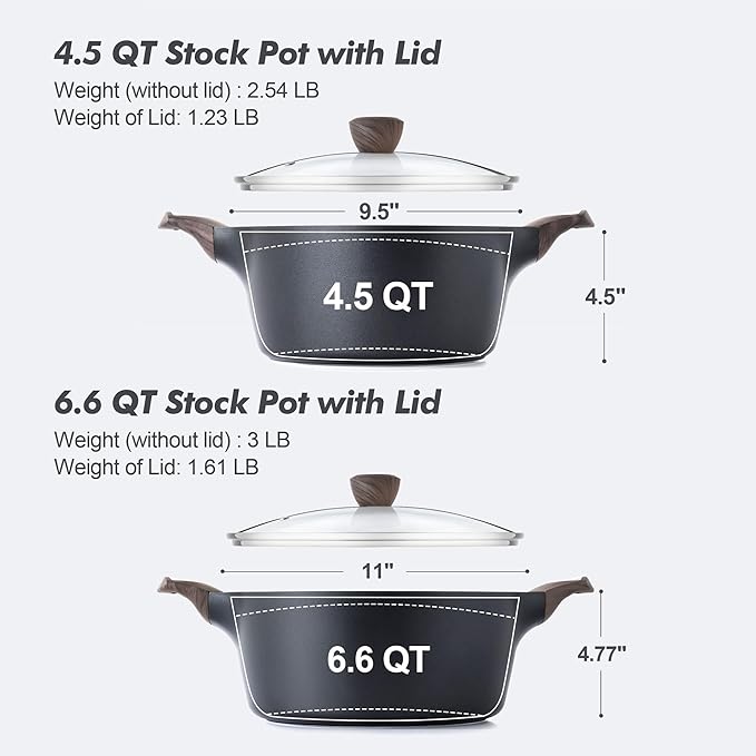SENSARTE Nonstick Stock Pot with Lid, 4.5+6.6 QT Soup Pot Set Casserole Pot, Healthy Pasta Pot, Large Deep Cooking Pot, Big Sauce Pot Stew Pot, Induction Compatible, PFOA PFOS APEO Free, Black