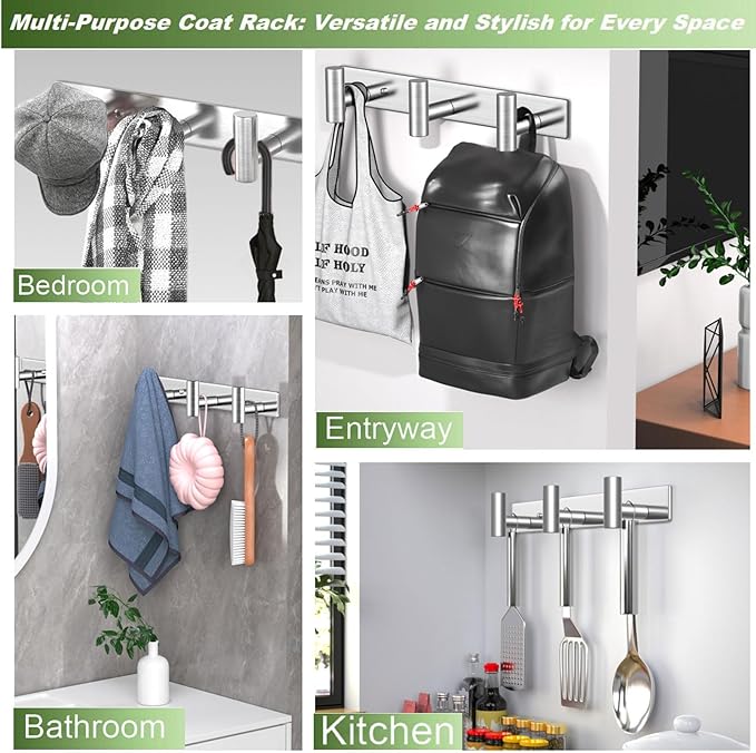 Wall Mounted Coat Rack-3 Hooks, Heavy Duty Stainless Steel Hook Rail for Towel Coat Hat Purse Bag Jacket, Towel Hooks for Entryway Bathroom Kitchen (Silvery 3 Hooks - 1 Pack)