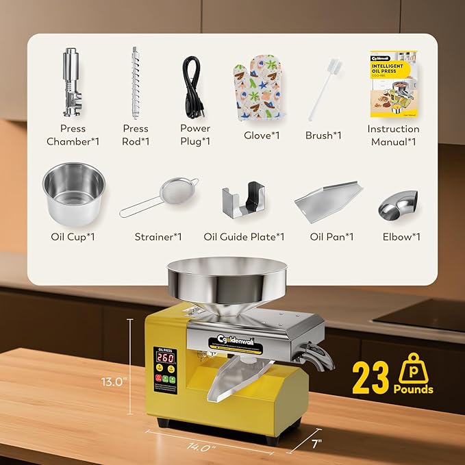 CGOLDENWALL Oil Press Machine, Automatic Oil Making, Electric Oil Extractor for Cold&Hot Pressing, Oil Maker with Intelligent Temperature Controller(32-572°F),Seeds Nuts Oil Expeller,CE(110V, US Plug)