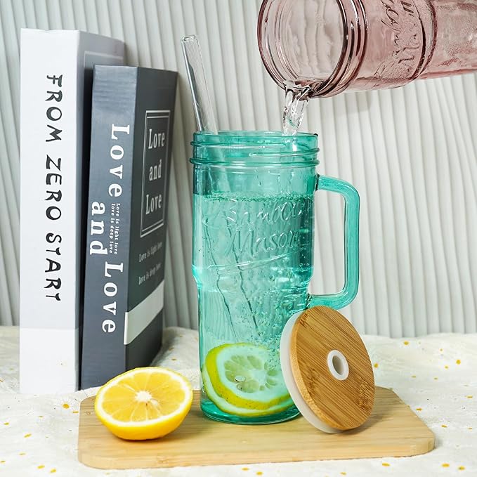 ANOTION Colored Glass Cups with Handle Set of 4, 24oz Glass Cups with Lids and Straws Travel Coffee Mug Bamboo Mason Jar Iced Cup Smoothie Tea Clear Cute Water Drinking Jars Glasses