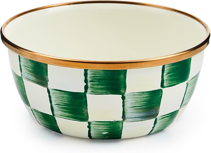 MACKENZIE-CHILDS Enamel Pinch Bowl, Small Bowl for Kitchen Ingredients, 1.5-Cup Capacity, Green-and-White Emerald Check