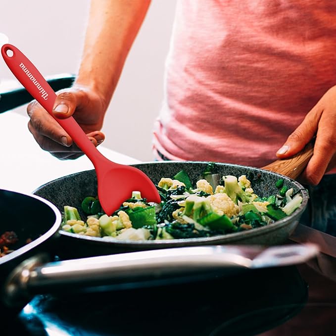 Silicone Spoons for Cooking, Heat Resistant Slotted Solid Silicone Kitchen Spoons Set, Red BPA Free Mixing Spoons Basting Spoon Stirring Spoon for Nonstick Cookware, 4 Pack