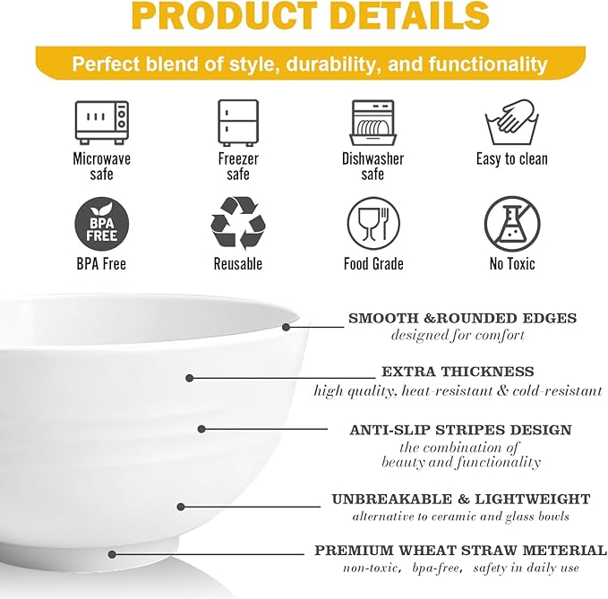 Wheat Straw Small Bowls 10 OZ, Unbreakable Dessert Bowls Set of 6, Microwave & Dishwasher Safe Bowl for Kitchen, Mini Reusable Plastic Bowl for Indoor Outdoor, White