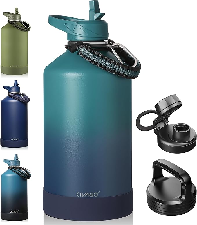 CIVAGO Gallon Insulated Water Bottle Jug with Straw, 128 oz Large Stainless Steel Water Flask, Big Metal Thermal Mug with 3 Lids for Sports, Travel, Gym, and Camping, Deep Cyan