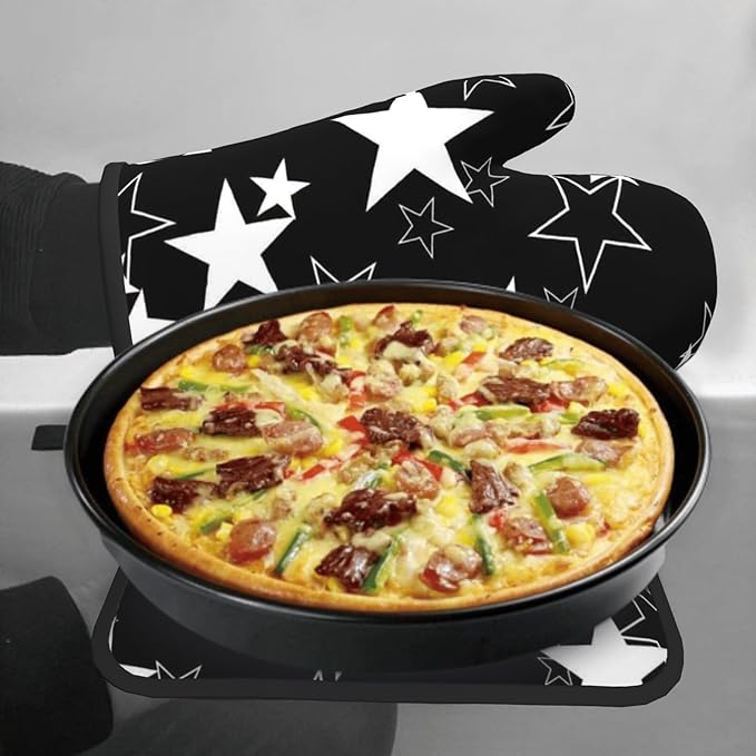 Black Star Oven Mitts and Pot Holder Set of 2 Galaxy Space Heat Resistant Kitchen Oven Gloves Potholders for Baking Cooking Grilling BBQ
