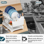 Kitchen Dish Drying Rack, Large 2-Tier Dish Drying Rack with Draining Board, Kitchen Countertop Organizer, Multi-Use Utensil Organizer and Cup Holder, White