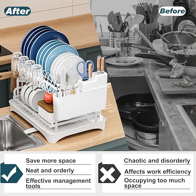 Kitchen Dish Drying Rack, Large 2-Tier Dish Drying Rack with Draining Board, Kitchen Countertop Organizer, Multi-Use Utensil Organizer and Cup Holder, White