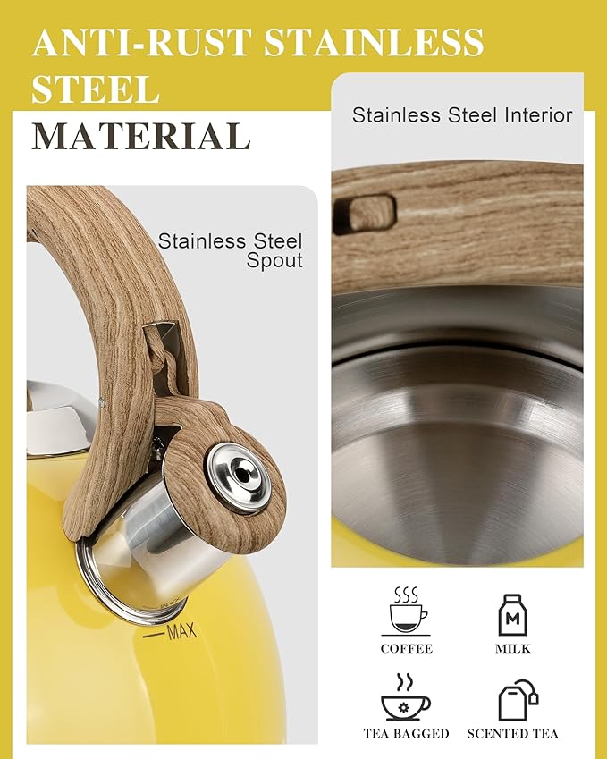 Tea Kettle for Stovetop, 2.7 Quart Loud Whistle Stovetop Teapots,Food Grade Stainless Steel Tea kettles for Stove Top with Anti-hot Ergonomic Handle,Suitable for All Heat Sources,Yellow