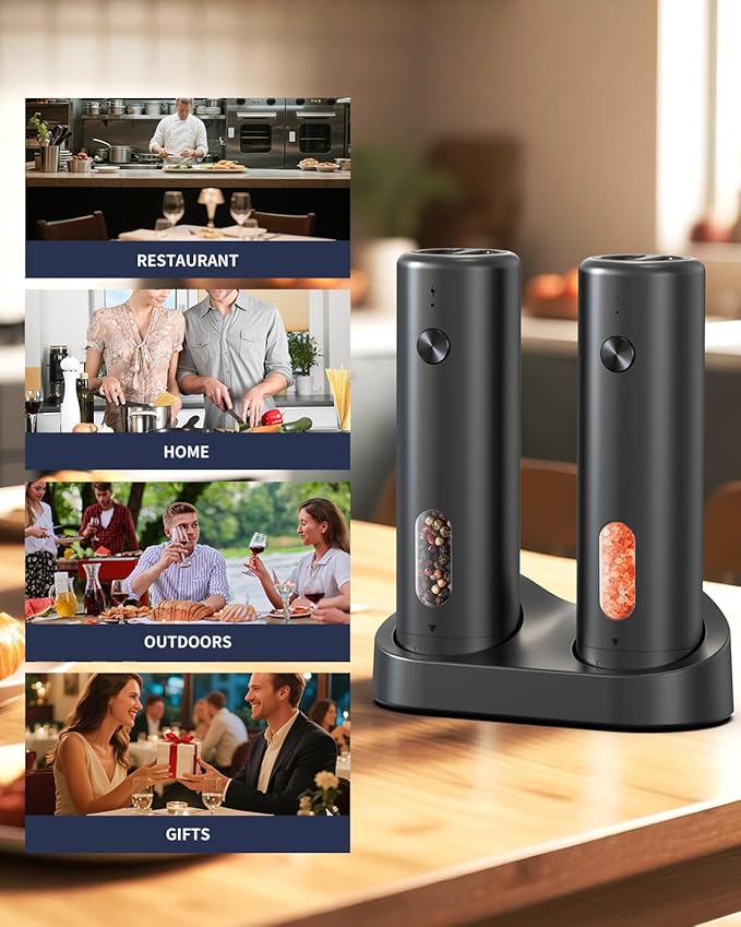 CIRCLE JOY Rechargeable Electric Salt and Pepper Grinder Set with Charging Base, Automatic Pepper Mills with 110ml Container, External Adjustable Coarseness, White Led Light, Easy to Operate, Black