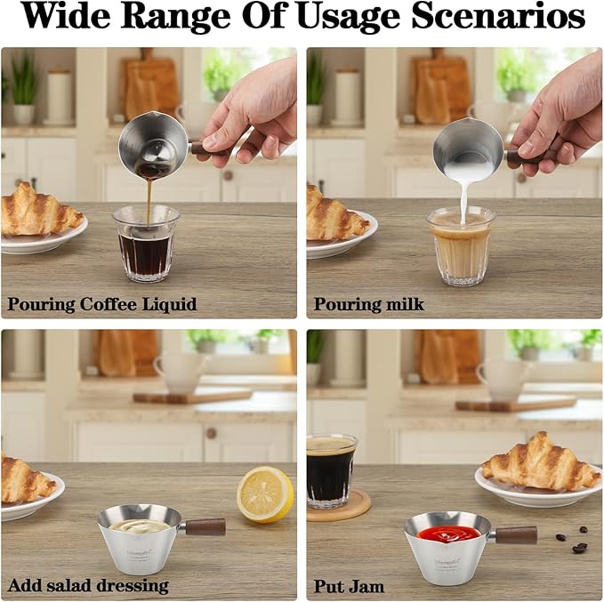 Mongdio Espresso Measuring Cup, Stainless Steel Espresso Shot Cups with Wooden Handle and Double Spouts, 3.4OZ/100ML, Silver