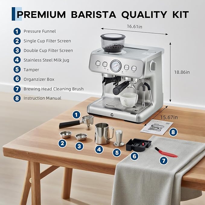 Stainless Steel Espresso Machine with Grinder and 20 Bar Pressure, 2.8l Removable Water Tank, Milk Frother Steam Wand for Latte and Cappuccino, Adjustable Shot Volume,Silver