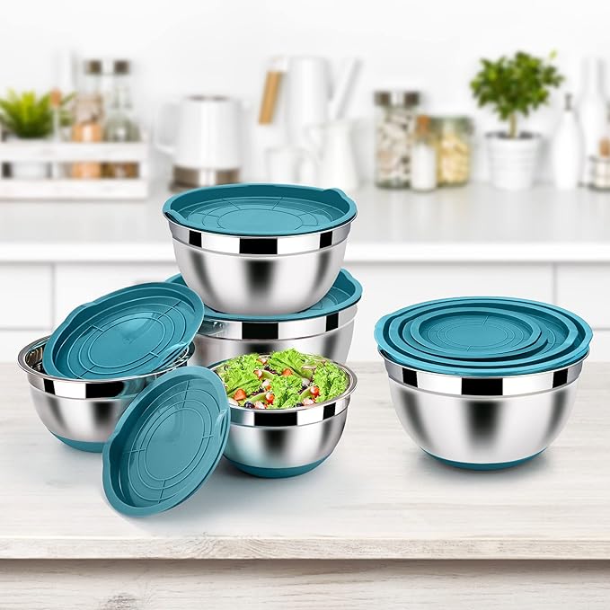 LIANYU Mixing Bowls with Airtight Lids, 14-Piece Stainless Steel Large Metal Nesting Bowl Set with Silicone Bottom, Size 4.6, 3, 1.5QT, Perfect for Baking Preparing and Cooking, Dark Blue