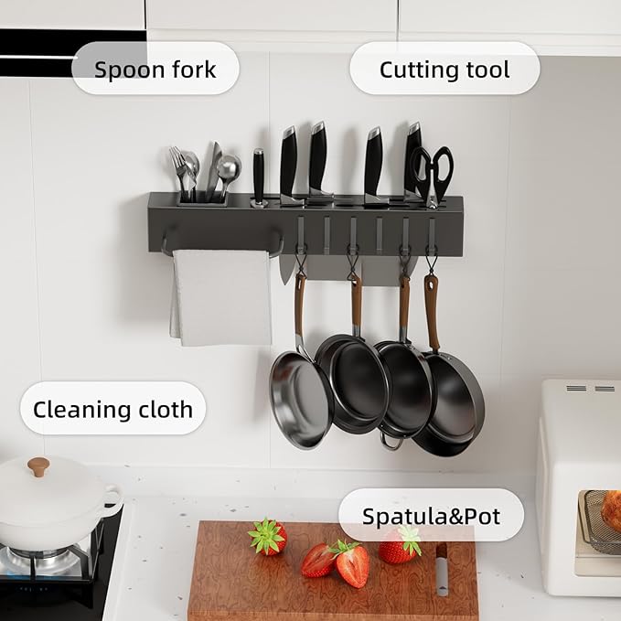 NET MEYA Stainless Steel Pot and Pan Hanger,Wall Mounted Pot Rack Kitchen Hanging Rail With S Hooks,Detachable Pans Hanging Rail Kitchen Lids Utensils Hanger,15.7 Inch Wall Mounted Hanging Pot Rack