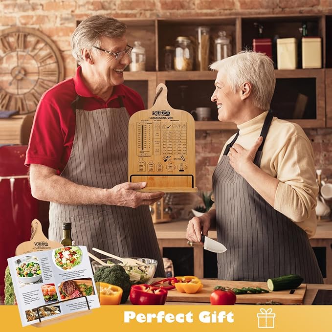 Cookbook Stand for Kitchen Counter, Bamboo Cookbook Holder, Foldable Cook Book Holder, Adjustable Recipe Book Stand, Cook Book Stand with Measurement Conversion Chart