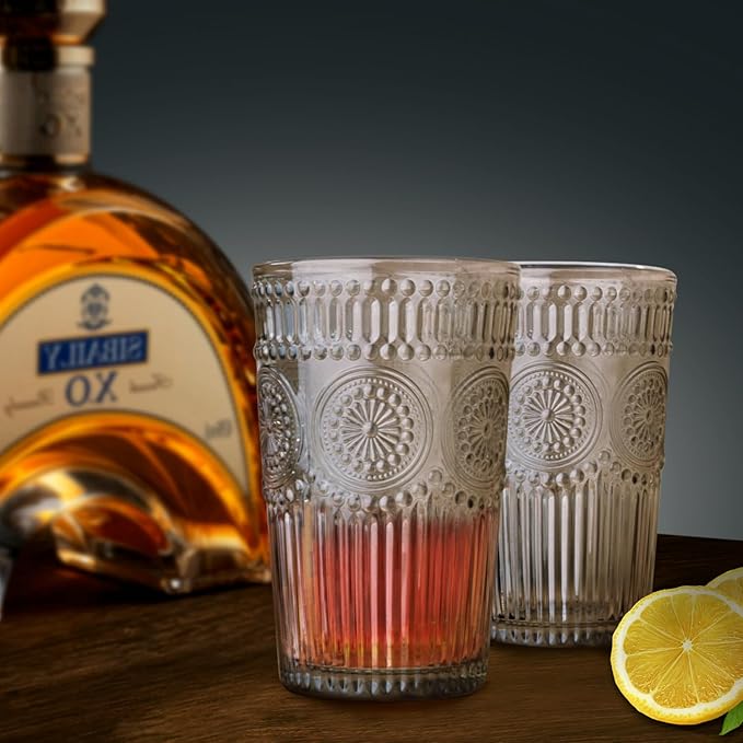 6pcs Vintage Drinking Glasses Set, 12 oz Tawny Highball Glasses, Embossed Ribbed Glassware Cups for Cocktail, Water, Juice, Coffee, Whiskey