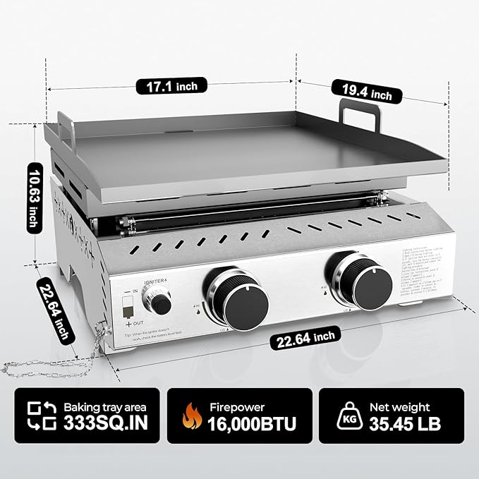 R.W.FLAME 2 Burner Tabletop Propane Griddle, 23" Stainless Steel Gas Griddle, 16,000 BTU Flat Top Grill for Outdoor BBQ,Camping & Patio Gatherings