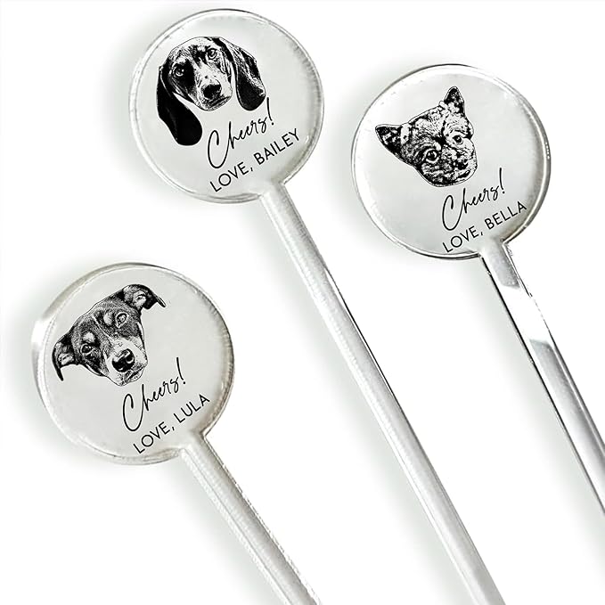 Personalized Dog Drink Stirrers, Custom Wedding Pet Illustration Acrylic Sticks for Wedding Cocktails, Unique Party Favors & Reception Decor Style 1