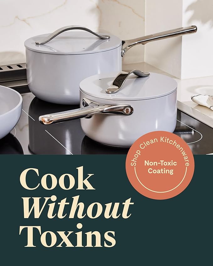 Caraway Nonstick Ceramic Sauce Pans with Lids (3 qt & 1.75 qt) - Non Toxic, PTFE & PFOA Free - Oven Safe & Compatible with All Stovetops (Gas, Electric & Induction) - White