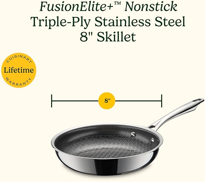 Cuisinart FusionElite+ Nonstick Tri-Ply Stainless Steel Skillet, 8″ Skillet Frying Pan with PURELYSEAR Ceramic Nonstick Technology, Scratch Proof, Cool Grip Handles, Dishwasher Safe