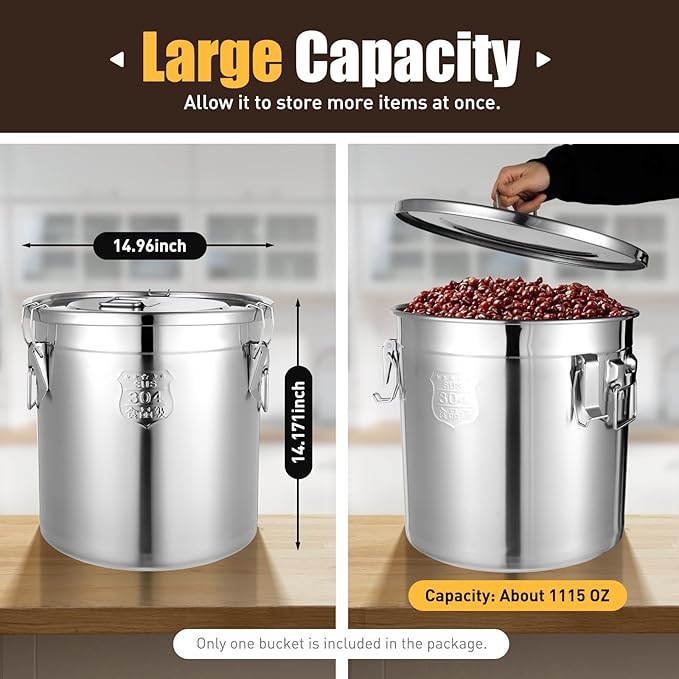 DYNAMI 8.7Gal 304 Stainless Steel Airtight Container with Lid and Locking Clamp,28-60Lbs Metal Bucket Large Food Storage Container Stainless Steel Milk Can,for Rice, Flour,Oil,Soup(33L)