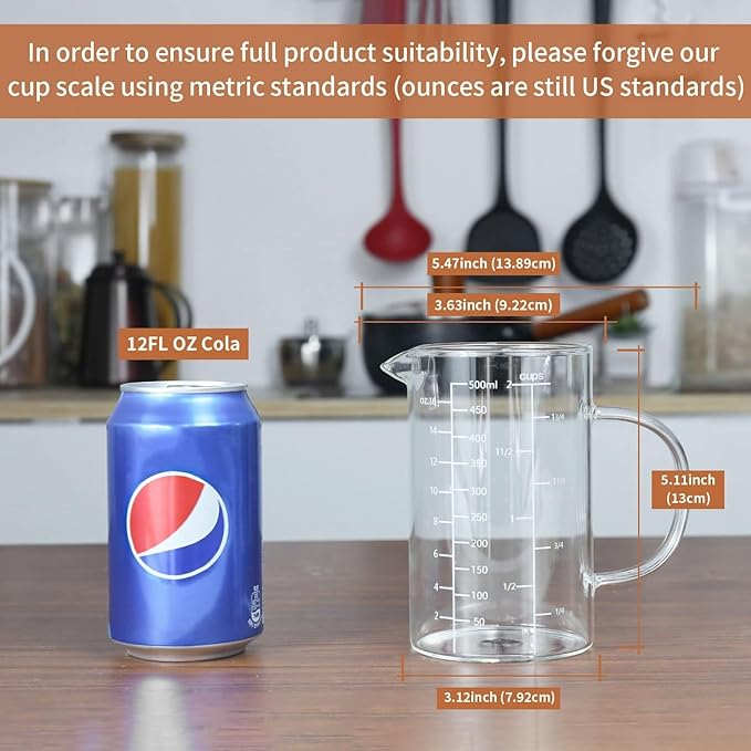 500ML Glass Measuring Cup With Handle, High Borosilicate Glass Three Scales V-Shaped Spout Clear Measuring Cup (OZ, Cup, ML/CC) Easy To Read Kitchen Tools
