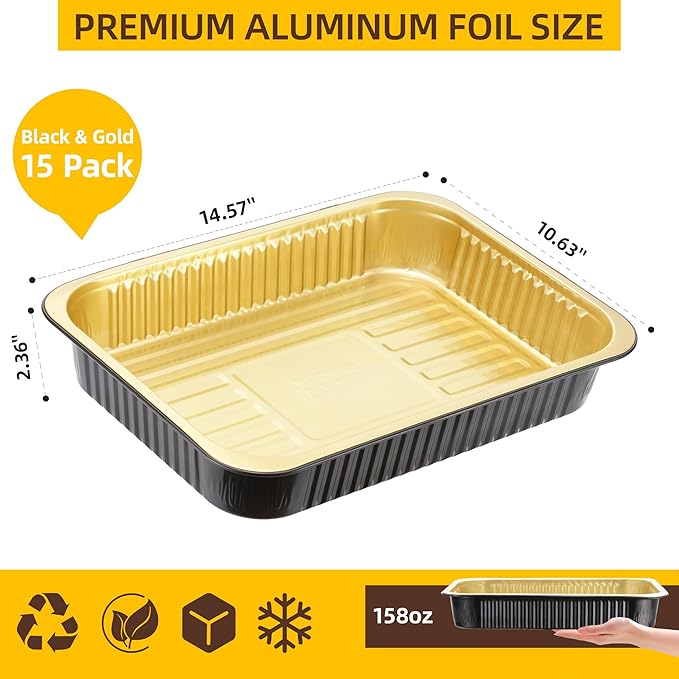 Aluminum Foil Pans, Extra Heavy Duty Disposable Aluminum Baking Pans, 14.57"×10.63" Steam Table Pans for Cooking, Heating, Storing, Prepping Roasting and Chafing (15 Pack Black and Gold)