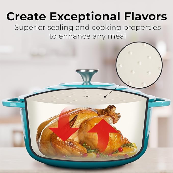 Zulay Kitchen 5 Quart Enameled Cast Iron Dutch Oven with Lid,Silicone Trivet & Heat Pad – Premium Durability & Oven Safe up to 500°F – Heavy Duty Cookware Perfect for Bread Baking, Stews, Braising & Roasting – Light Blue