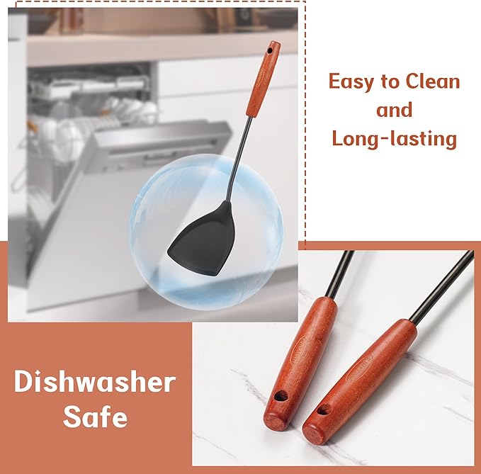 FJNATINH Silicone Wok Spatula,Turner,Ladle,Skimmer Set,Wok Tools, Wok Utensil,Non Stick Heat-Resistant Stainless Steel Cooking Utensils BPA Free Kitchen Utensils Cookware, Pack of 4,Black