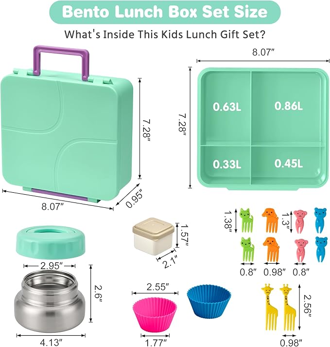 Bento Lunch Box with 9.5 oz Soup Thermo, Kids Leakproof 4 Compartments Bento Box with Silicone Cupcake,Fruit Fork,Spoon and Sauce Cup,Insulated Food Jar for School Travel-Green