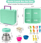 Bento Lunch Box with 9.5 oz Soup Thermo, Kids Leakproof 4 Compartments Bento Box with Silicone Cupcake,Fruit Fork,Spoon and Sauce Cup,Insulated Food Jar for School Travel-Green