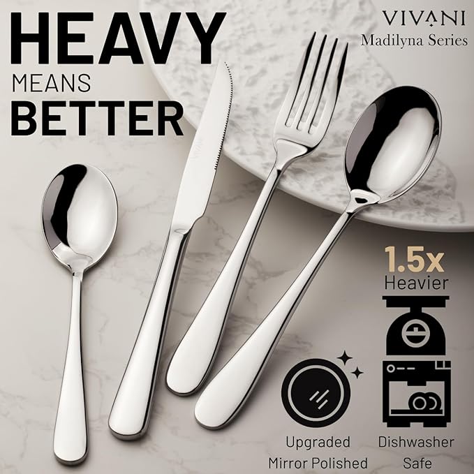 16 Piece Heavy Duty Silverware Set with Steak Knives for 4, Stainless Steel Cutlery Set, Modern Flatware Set, Utensils Set for Home, Dorms, Resturant, Cafes, Mirror Polished and Dishwasher Safe