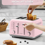 BUYDEEM DT640 4-Slice Toaster, Extra Wide Slots, Retro Stainless Steel with High Lift Lever, Bagel and Muffin Function, Removal Crumb Tray, 7-Shade Settings,Pink