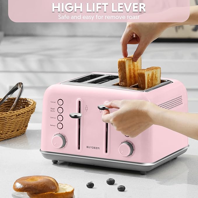 BUYDEEM DT640 4-Slice Toaster, Extra Wide Slots, Retro Stainless Steel with High Lift Lever, Bagel and Muffin Function, Removal Crumb Tray, 7-Shade Settings,Pink
