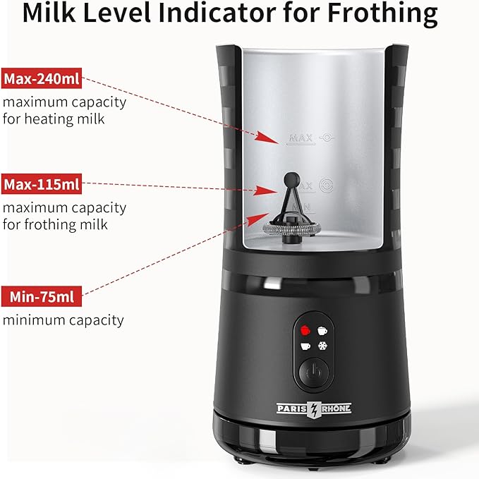 Milk Frother, Paris Rhône 4-in-1 Milk Steamer and Frother, Hot & Cold Foam Milk Warmer with Temperature Control, Auto Shut-Off Frothers for Coffee, Latte, Cappuccino, Macchiato
