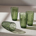 Vintage Green Drinking Glasses Set of 4 – 16 oz Hand-Blown Glass Tumblers, Heavy Textured Highball Cups, Antique-Style Colored Glassware, Retro Boho Aesthetic Drinkware – Unique Housewarming Gift