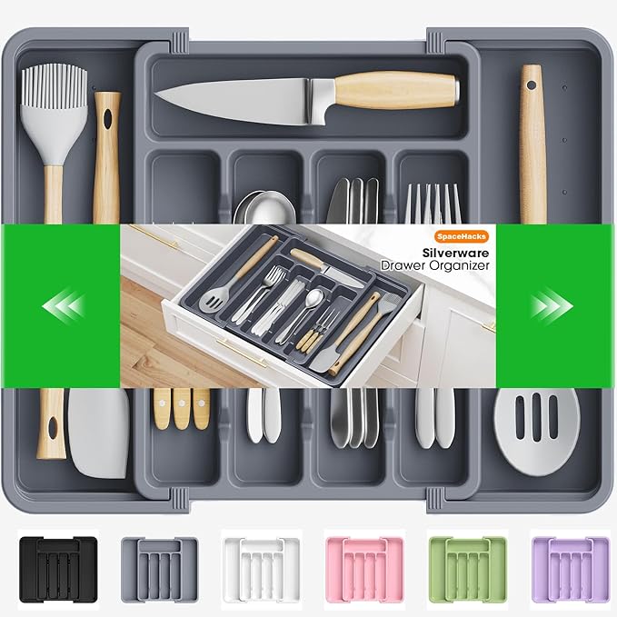 Silverware Organizer，Adjustable & Expandable Utensil Drawer Organizer, BPA Free Utensil Holder, Cutlery Tray for Forks, Spoons, Knives in Kitchen, Medium, Grey