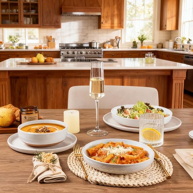 AmorArc Ceramic Dinnerware Sets with Pasta Bowls for 6, Handpainted Plates and Bowls Set with Rustic Terracotta Underside, Scratch Resistant Dishes Set, Dishwasher & Microwave Safe, 24 Pcs