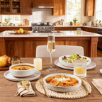 AmorArc Ceramic Dinnerware Sets for 8, 24 Pieces Handpainted Plates and Bowls Set with Rustic Terracotta Underside, Scratch Resistant Stoneware Dishes Set, Dishwasher & Microwave Safe, White