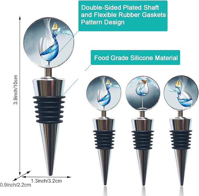 Wine Bottle Stoppers Stainless Steel Wine Stoppers with Decorative Art Glass, Wine and Beverage Bottle Corks for Gifts, Bar, Wedding, Holiday Party (Blue)