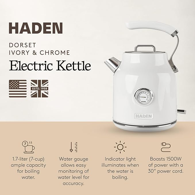 Haden Dorset 1.7 Liter Stainless Steel Electric Kettle, Hot Water Kettle with 360-Degree Base and Auto Shutoff, Ivory & Chrome