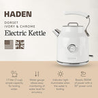 Haden Dorset 1.7 Liter Stainless Steel Electric Kettle, Hot Water Kettle with 360-Degree Base and Auto Shutoff, Ivory & Chrome