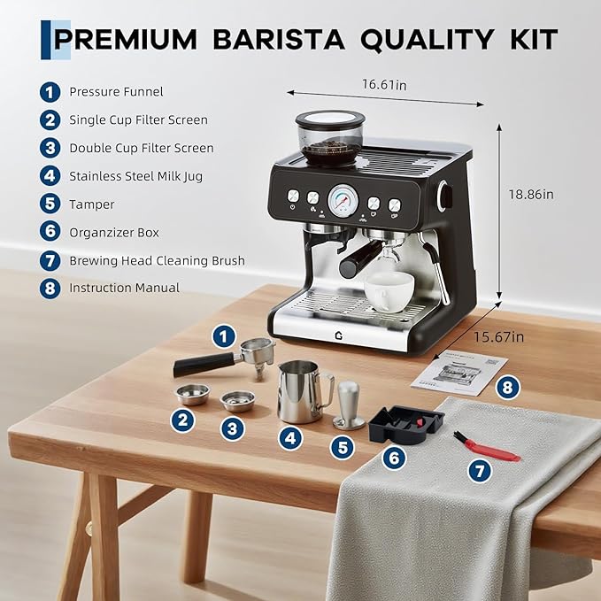 Stainless Steel Espresso Machine with Grinder and 20 Bar Pressure, 2.8l Removable Water Tank, Milk Frother Steam Wand for Latte and Cappuccino, Adjustable Shot Volume,Black